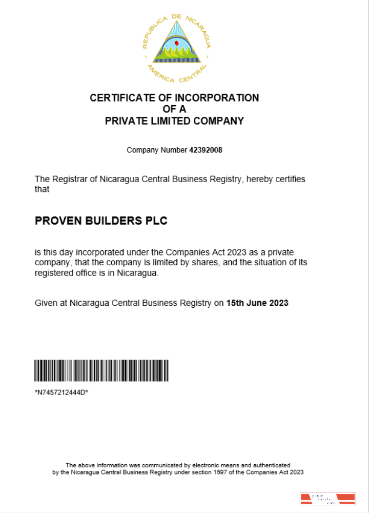 Nicaragua business registration certificate Word and PDF template